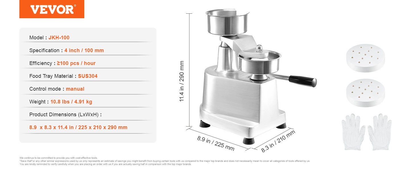 VEVOR burger patty maker jkh-100, 4-inch manual machine, sus304 material, with dimensions and accessories.