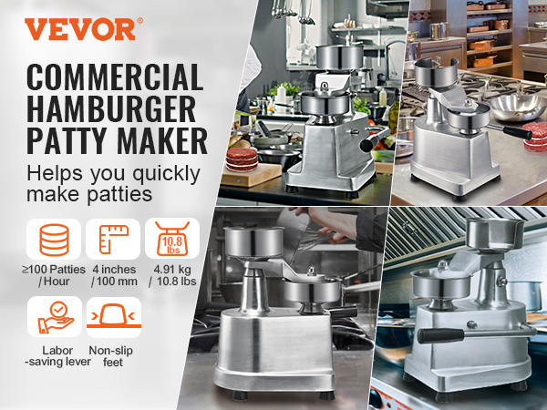 VEVOR burger patty maker showcased with key features in a professional kitchen setting.