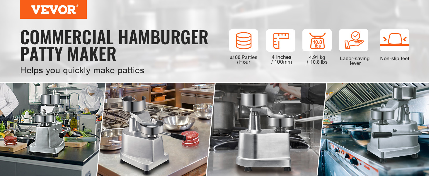 VEVOR burger patty maker showcased with key features in a professional kitchen setting.