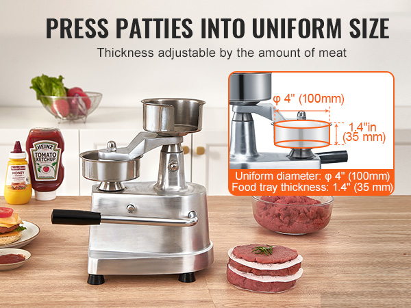 VEVOR burger patty maker with adjustable thickness, alongside condiments and burger ingredients on a kitchen counter