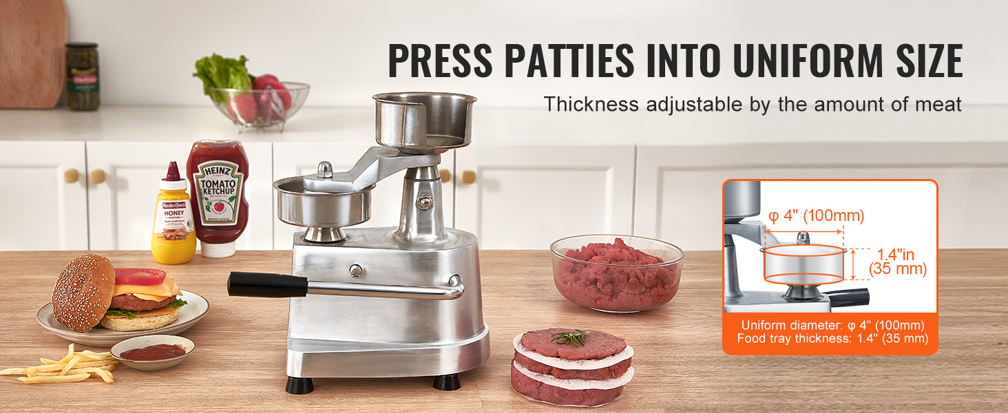 VEVOR burger patty maker with adjustable thickness, alongside condiments and burger ingredients on a kitchen counter