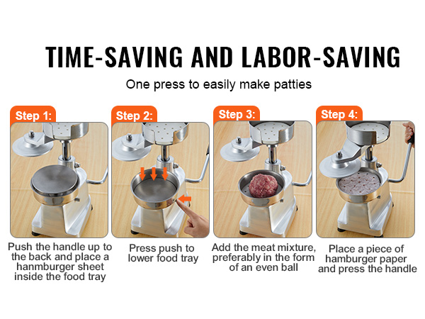 steps to use the VEVOR burger patty maker shown, from placing paper to pressing the handle for patties.