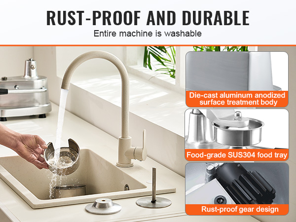 hand washing components of the VEVOR burger patty maker in a kitchen sink with running water.