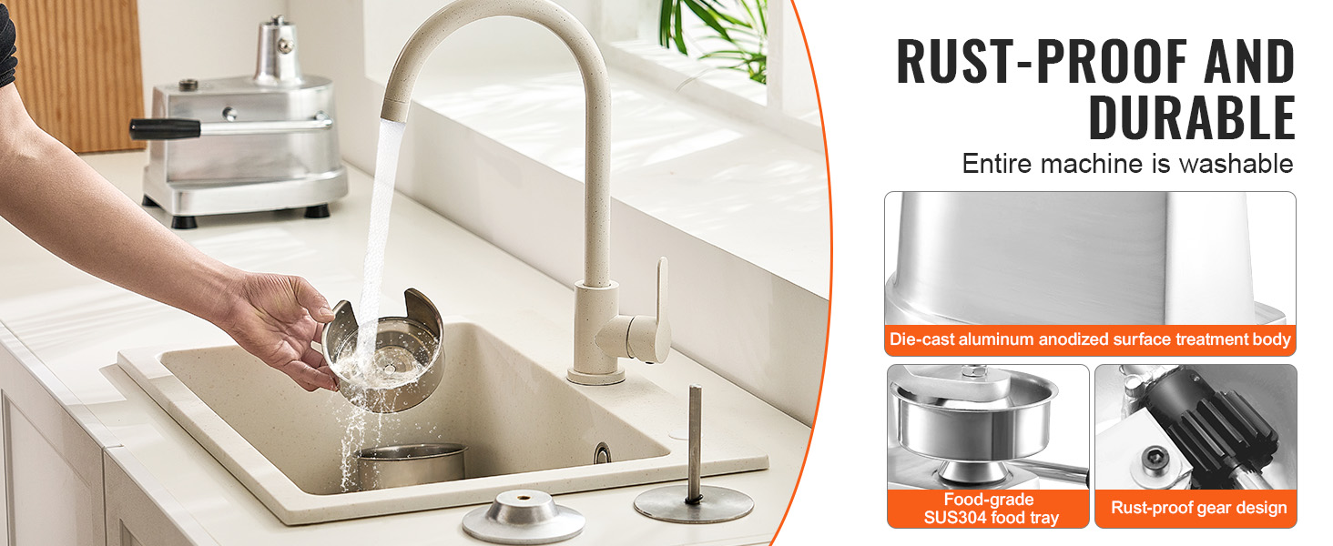 hand washing components of the VEVOR burger patty maker in a kitchen sink with running water.