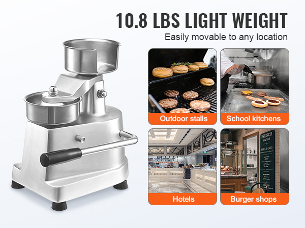 VEVOR burger patty maker, 10.8 lbs, suitable for various settings like outdoor stalls, hotels, and school kitchens.