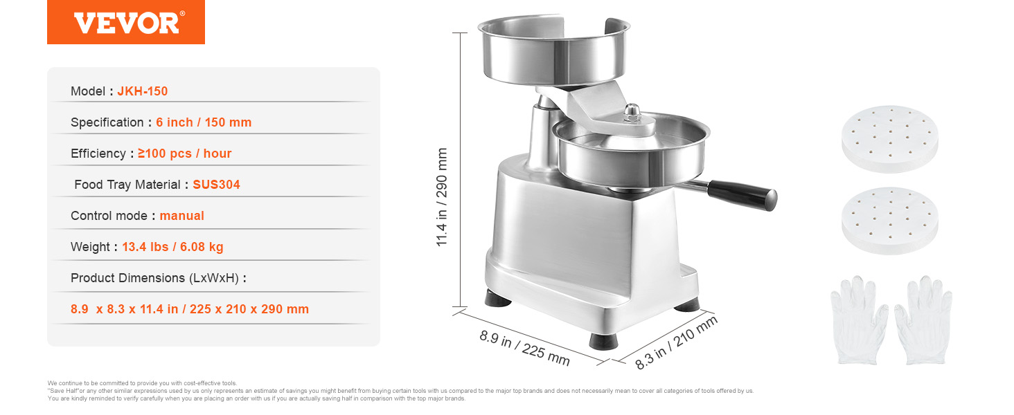VEVOR burger patty maker model jkh-150, 6-inch sus304 manual, with dimensions and accessories.