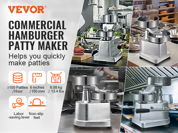 VEVOR burger patty maker in commercial kitchens, producing patties quickly with a labor-saving lever.