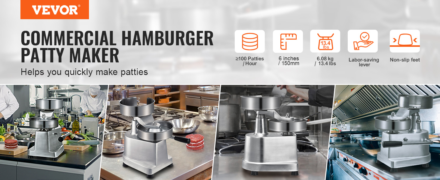 VEVOR burger patty maker in commercial kitchens, producing patties quickly with a labor-saving lever.
