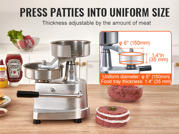 VEVOR burger patty maker on a kitchen counter with sauces, burger, fries, and ingredients.