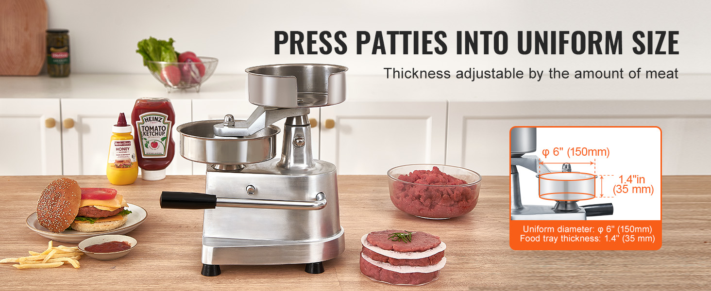 VEVOR burger patty maker on a kitchen counter with sauces, burger, fries, and ingredients.