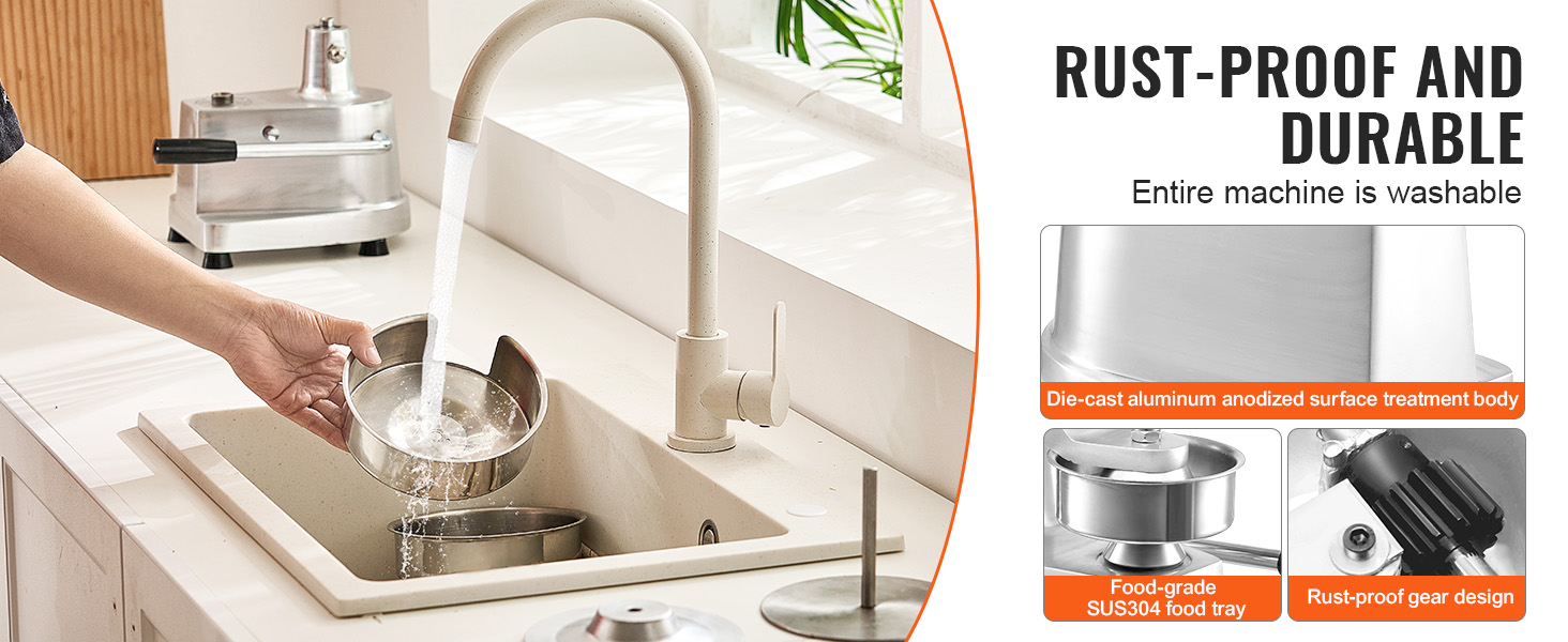 washing a stainless steel bowl under a tap with a VEVOR burger patty maker on the countertop. rust-proof.
