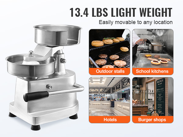 VEVOR burger patty maker, 13.4 lbs lightweight, ideal for outdoor stalls, school kitchens, hotels, burger shops.