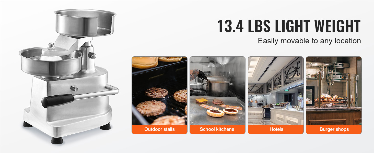 VEVOR burger patty maker, 13.4 lbs lightweight, ideal for outdoor stalls, school kitchens, hotels, burger shops.
