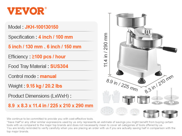 VEVOR burger patty maker, manual, sus304 stainless steel, 4 to 6 inches, 100 pcs/hour, 9.15 kg.