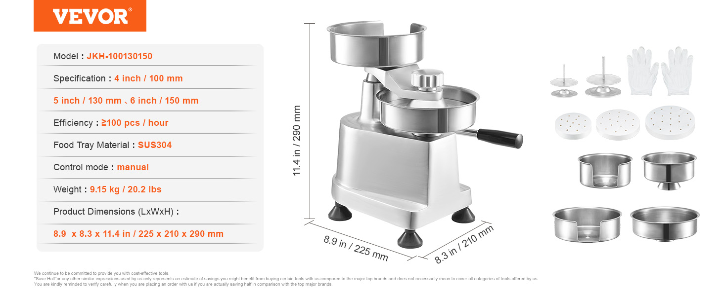 VEVOR burger patty maker, manual, sus304 stainless steel, 4 to 6 inches, 100 pcs/hour, 9.15 kg.