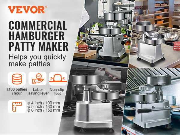 VEVOR burger patty maker, durable commercial tool, easy operation, produces consistent patties, non-slip feet.