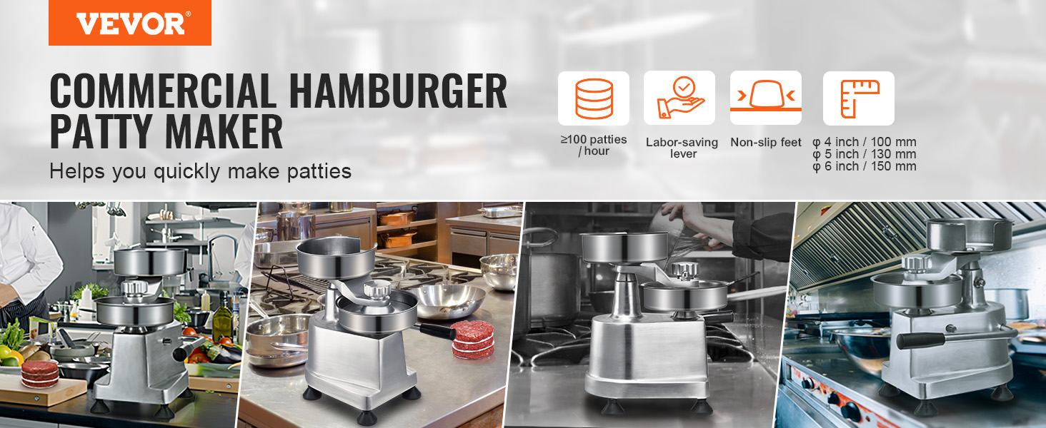 VEVOR burger patty maker, durable commercial tool, easy operation, produces consistent patties, non-slip feet.