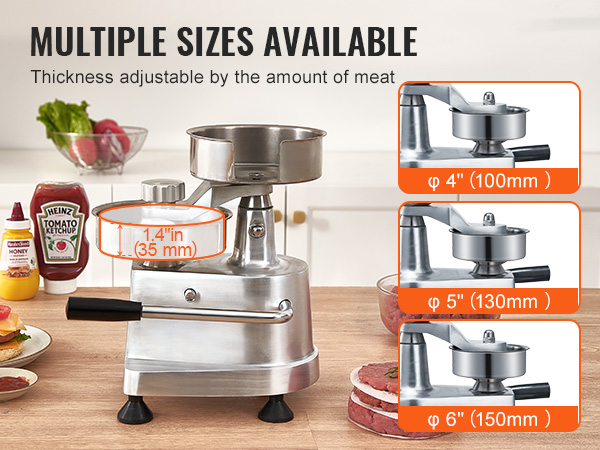 VEVOR burger patty maker with thickness adjustments and options for different patty sizes on a kitchen counter.