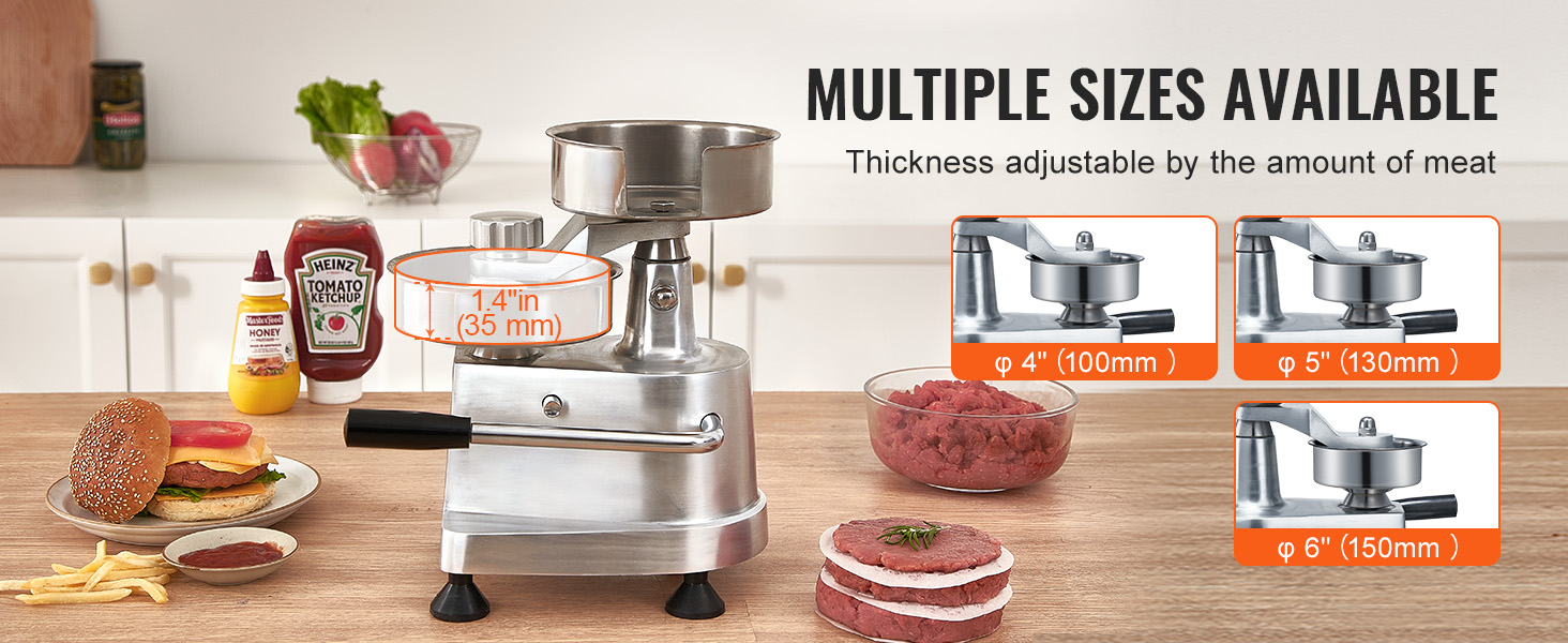 VEVOR burger patty maker with thickness adjustments and options for different patty sizes on a kitchen counter.