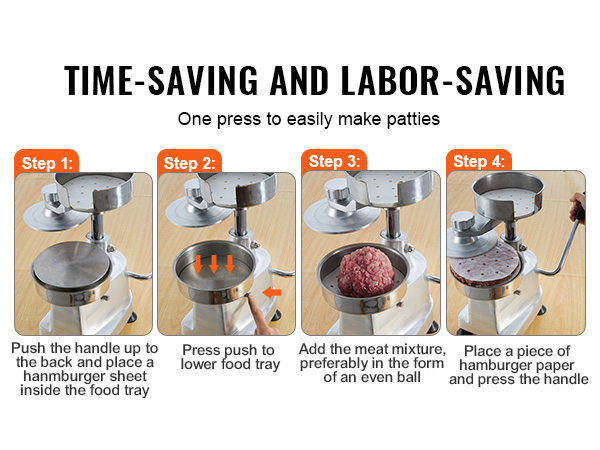 steps to use the VEVOR burger patty maker with illustrations and instructions.