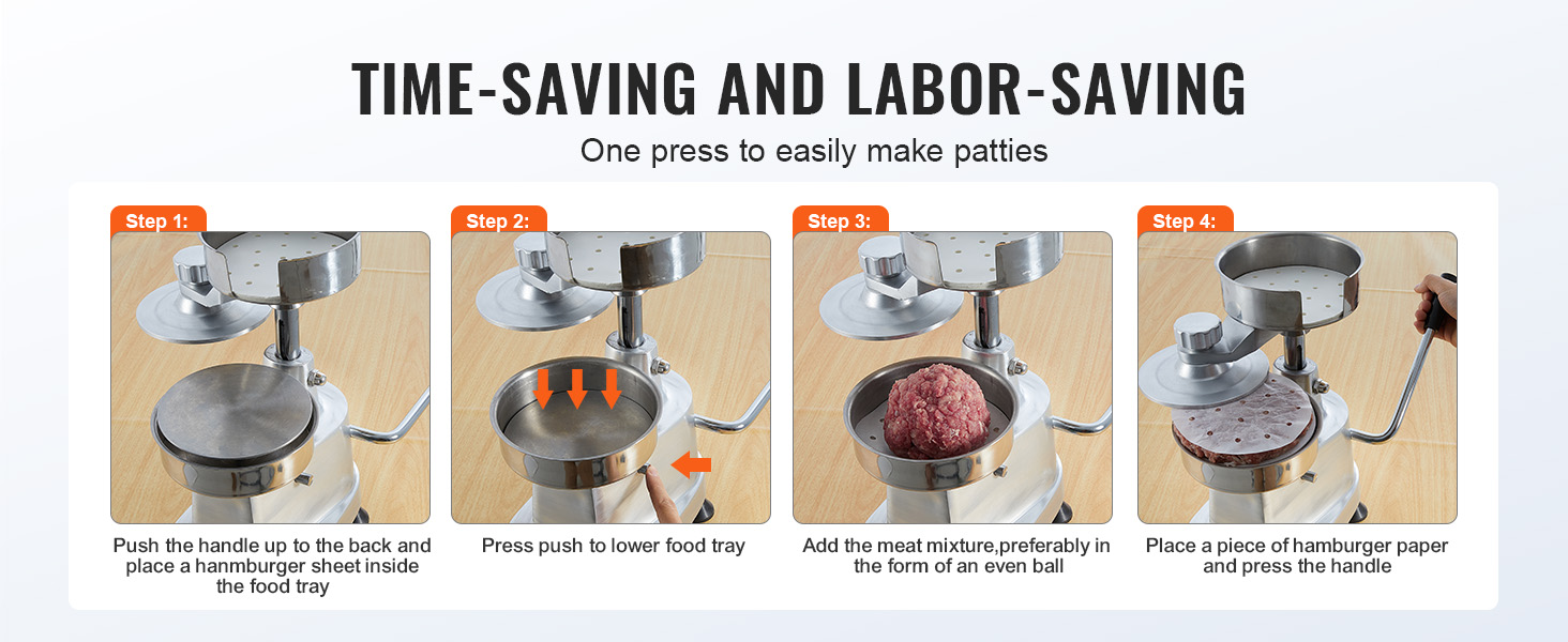 steps to use the VEVOR burger patty maker with illustrations and instructions.