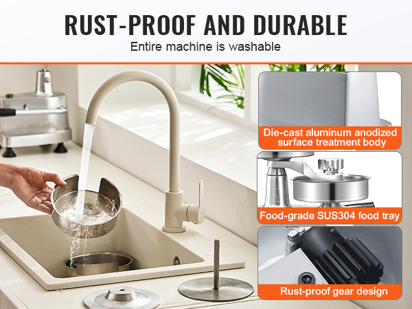 washing parts of VEVOR burger patty maker in a sink; rust-proof, durable, and fully washable.