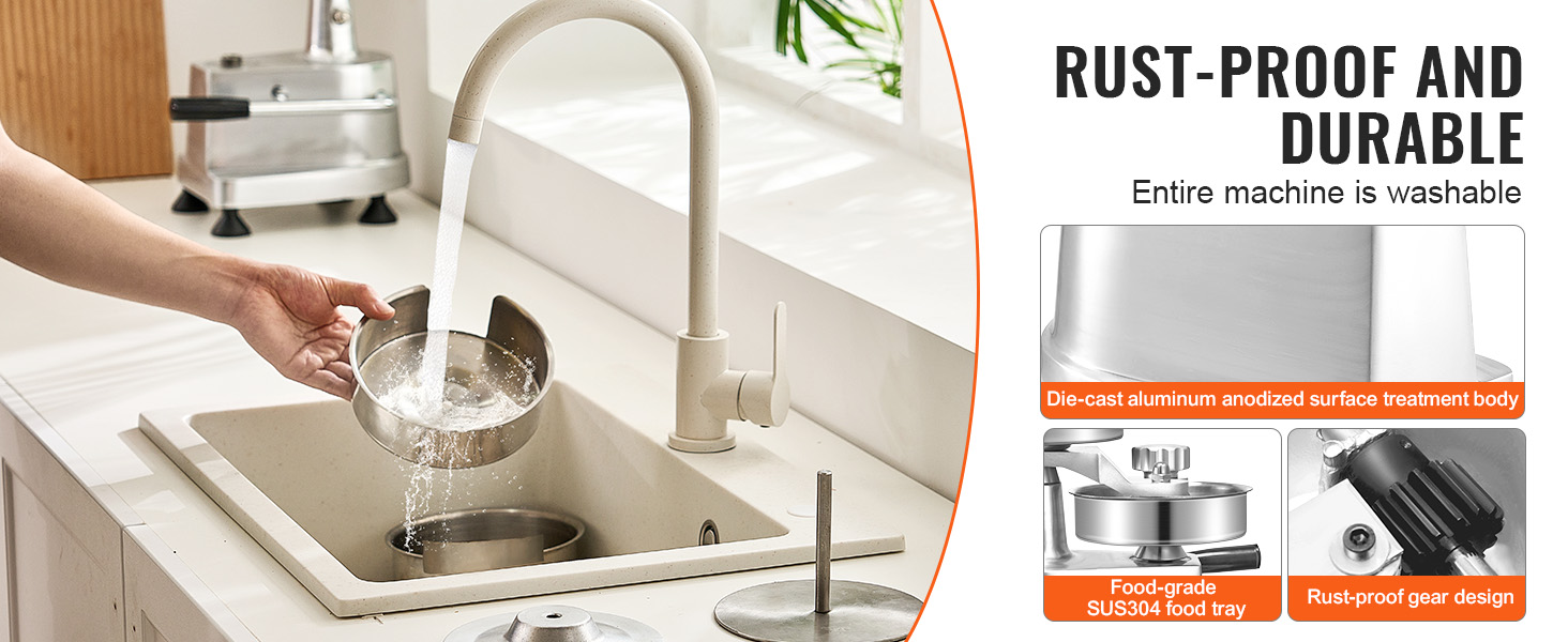 washing parts of VEVOR burger patty maker in a sink; rust-proof, durable, and fully washable.