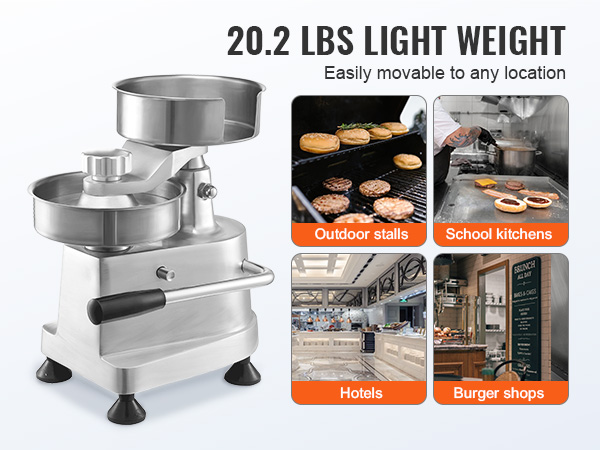 VEVOR burger patty maker in stainless steel, 20.2 lbs, ideal for outdoor stalls, school kitchens, hotels, and burger shops.