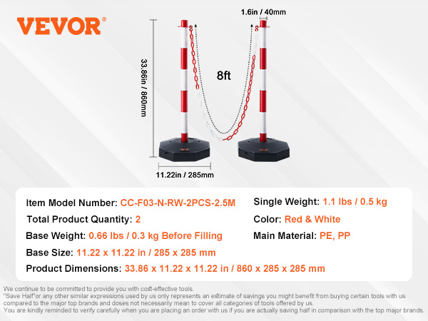 VEVOR traffic delineator cones, red and white, 8ft chain length, item model cc-f03-n-rw-2pcs-2.5m.