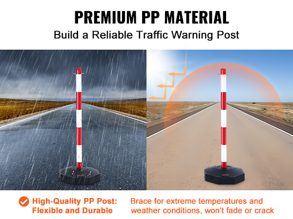 VEVOR traffic delineator cones in rain and sun, showcasing durability and visibility in all weather.