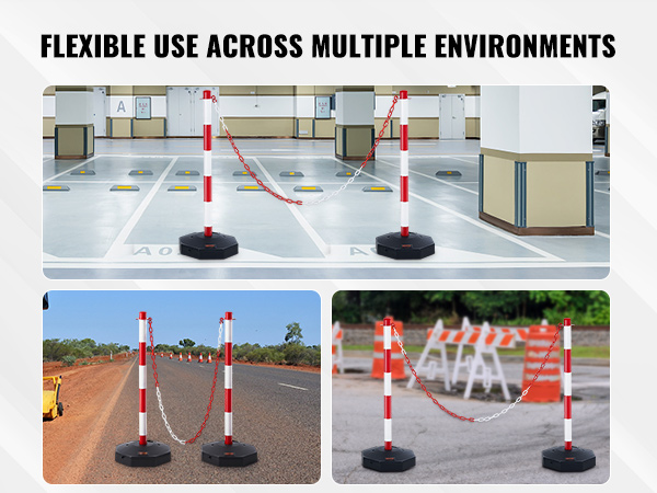 VEVOR traffic delineator cones in various environments: parking lot, road, and construction site.