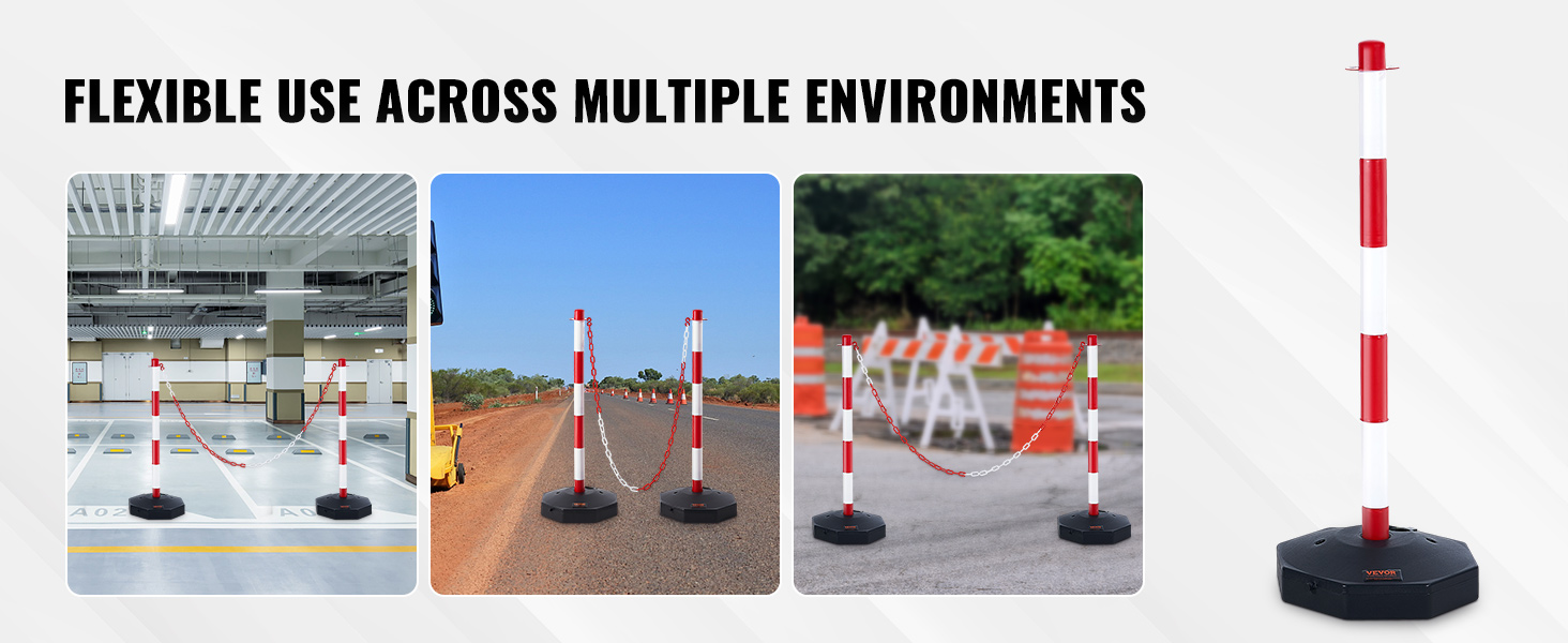 VEVOR traffic delineator cones in various environments: parking lot, road, and construction site.