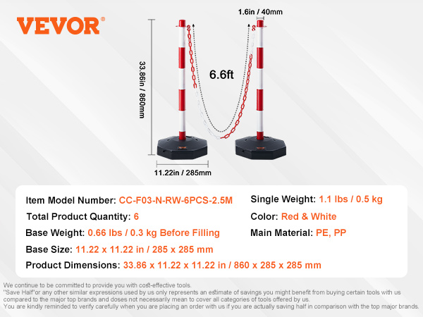 VEVOR traffic delineator post set, red and white, 6.6ft chain, 33.86in height, 11.22in base.
