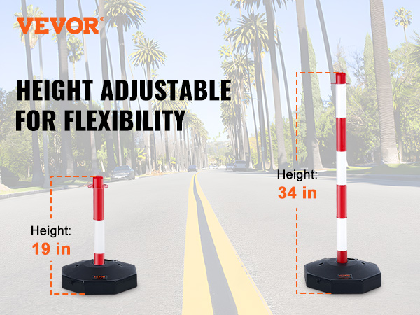 VEVOR traffic delineator post with adjustable height from 19 inches to 34 inches on a sunny street.