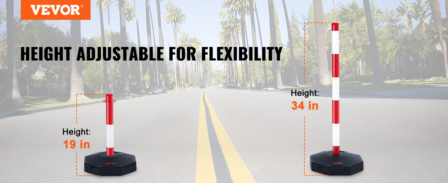 VEVOR traffic delineator post with adjustable height from 19 inches to 34 inches on a sunny street.