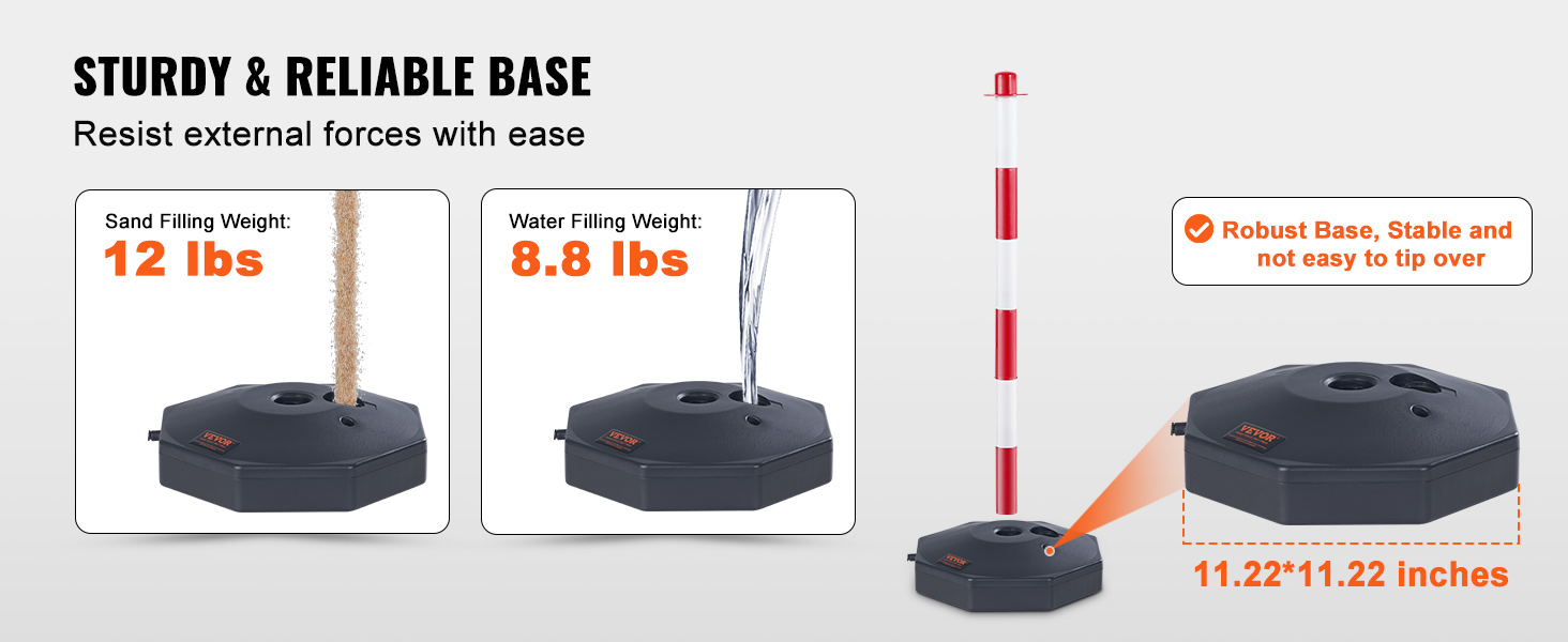 VEVOR traffic delineator post base, 11.22"x11.22", with sand (12 lbs) and water (8.8 lbs) filling options.