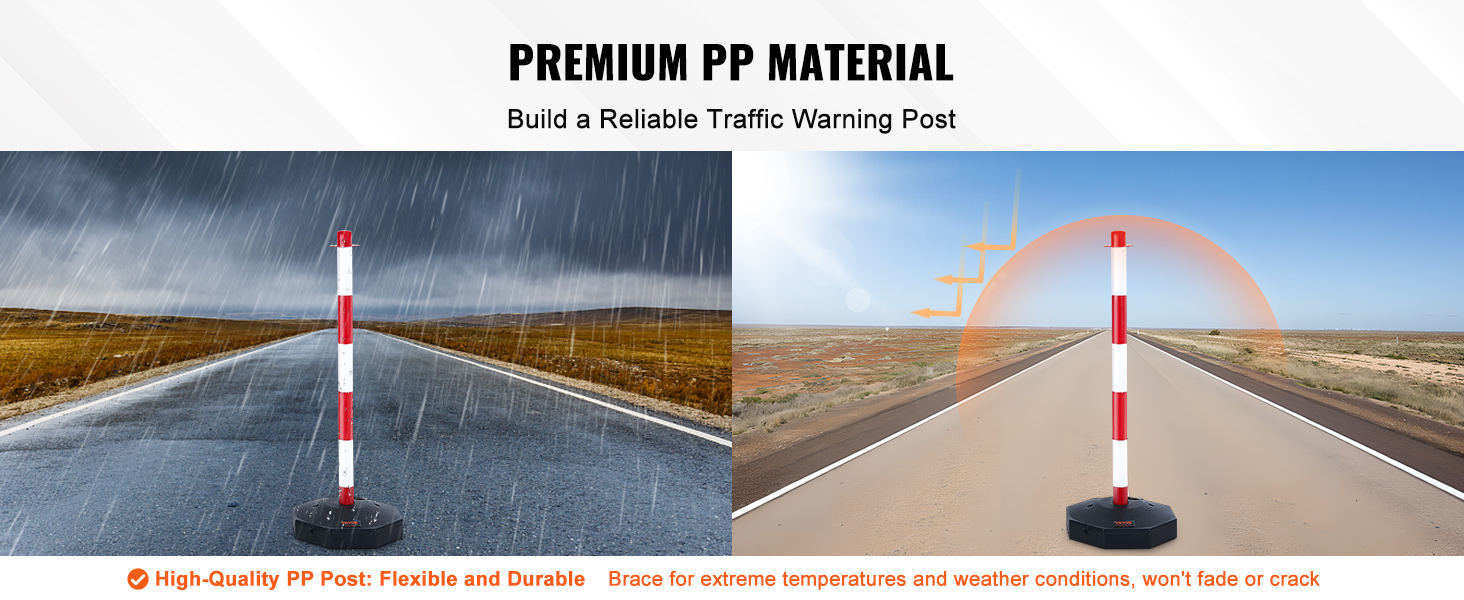 VEVOR traffic delineator post in rain and sunlight, showing durability and weather resistance.