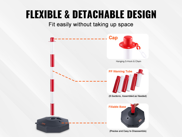 VEVOR traffic delineator post with flexible, detachable design showcasing cap, pp warning tube, fillable base.