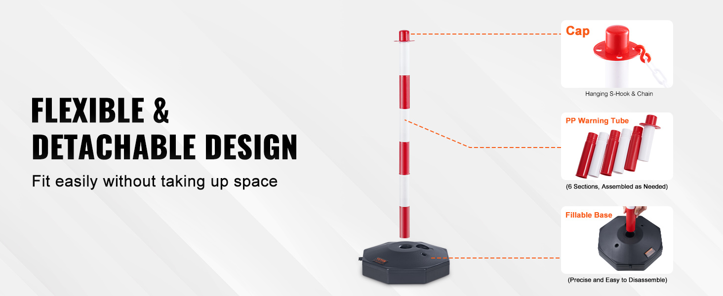 VEVOR traffic delineator post with flexible, detachable design showcasing cap, pp warning tube, fillable base.