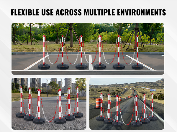 VEVOR traffic delineator posts in urban, rural, and construction areas with red and white stripes.