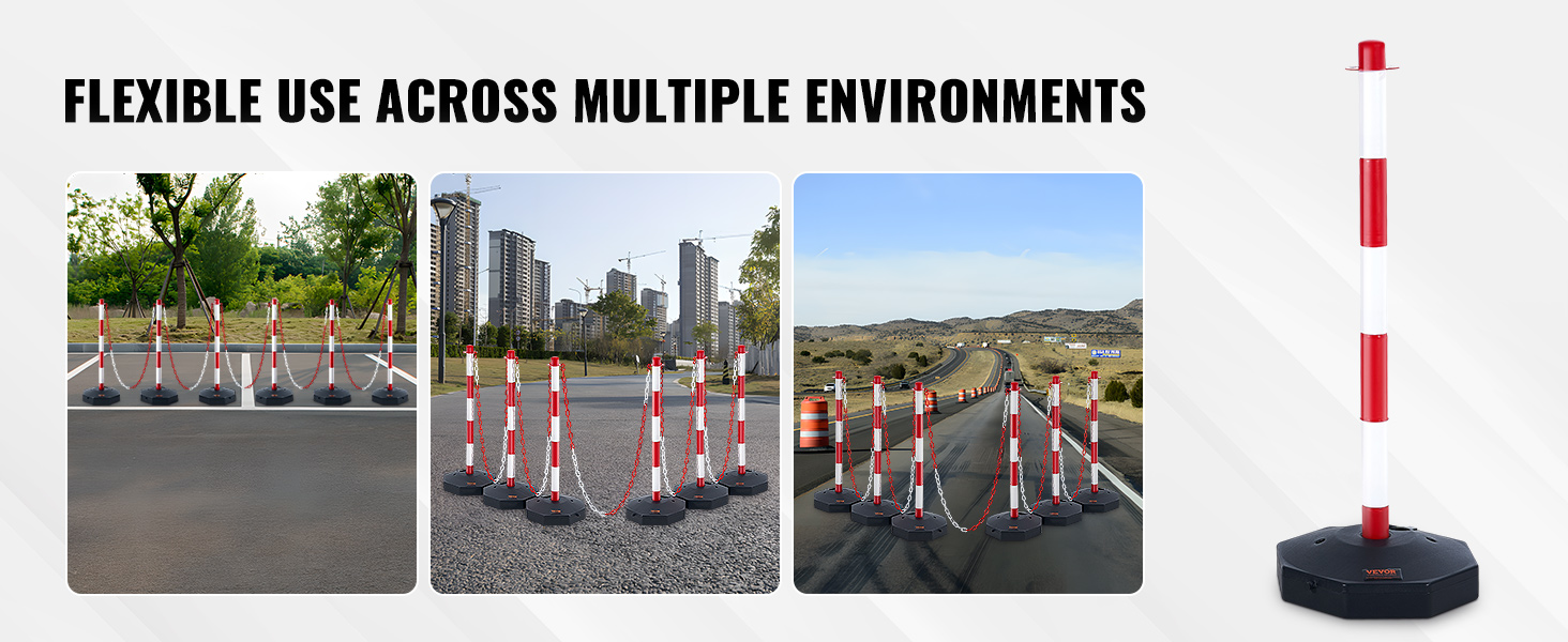 VEVOR traffic delineator posts in urban, rural, and construction areas with red and white stripes.