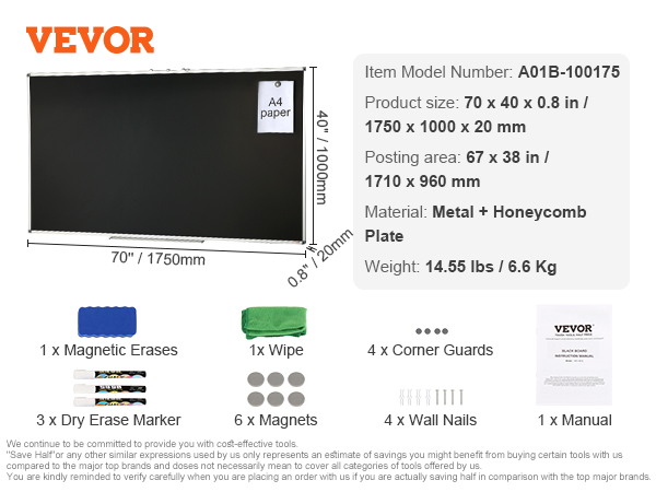 VEVOR black board, 70" x 40", includes magnetic eraser, dry erase markers, magnets, wall nails, manual.