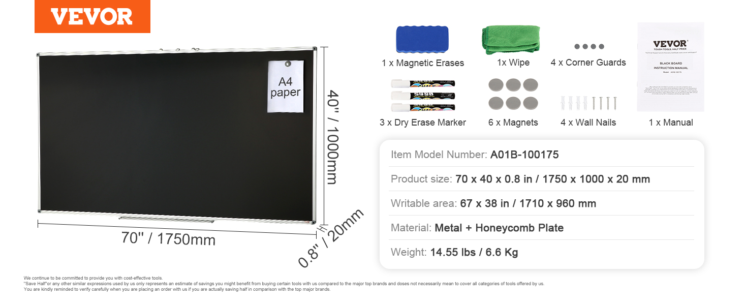 VEVOR black board, 70" x 40", includes magnetic eraser, dry erase markers, magnets, wall nails, manual.