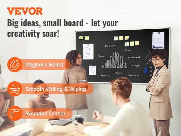 VEVOR black board in a meeting room with magnetic notes, graph, and key benefits highlighted.