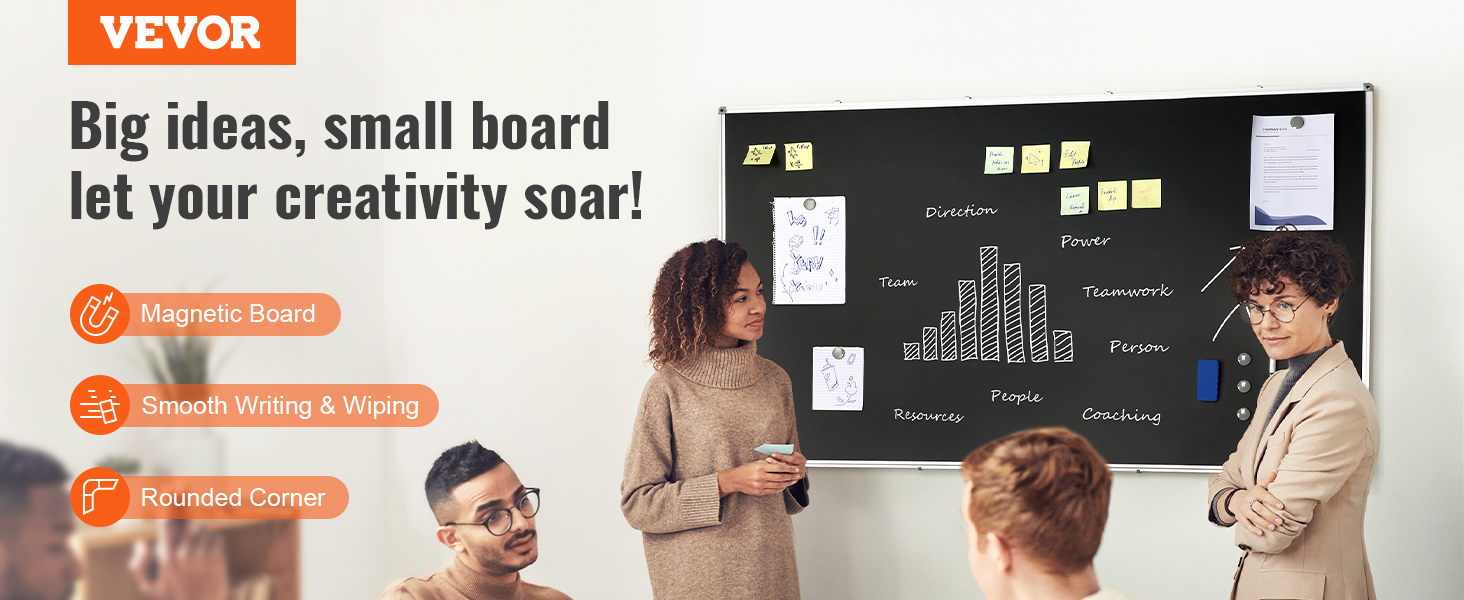 VEVOR black board in a meeting room with magnetic notes, graph, and key benefits highlighted.