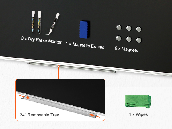 VEVOR black board with magnets, erasers, dry erase markers, wipes, and a 24" removable tray.