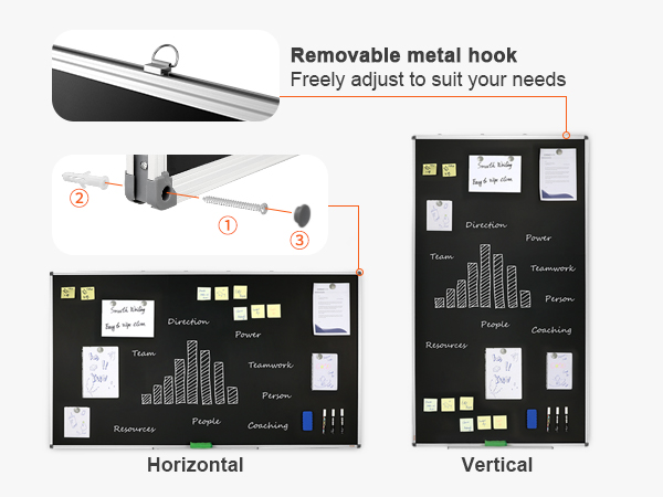 VEVOR black board with removable metal hook, mounted horizontally and vertically for versatile use.