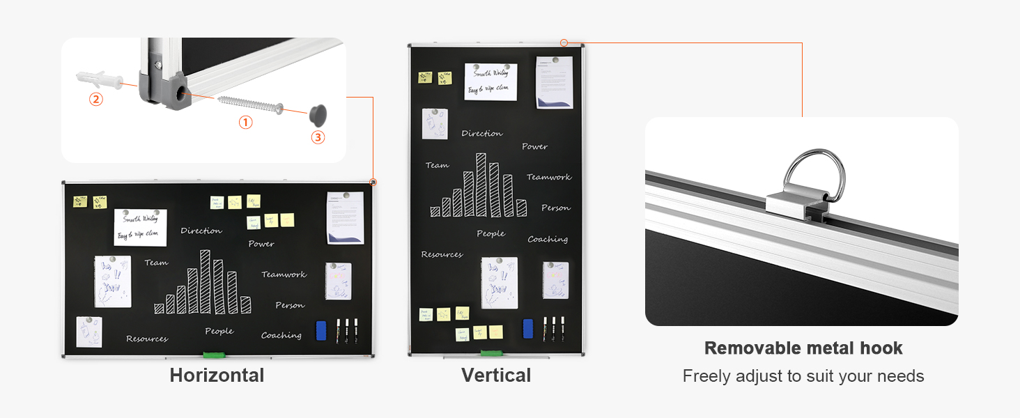 VEVOR black board with removable metal hook, mounted horizontally and vertically for versatile use.