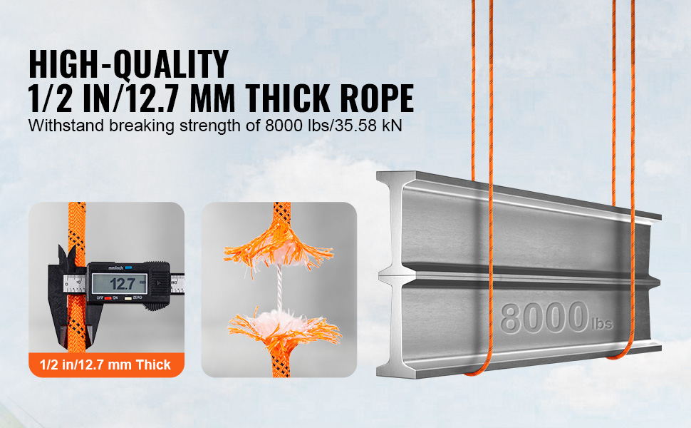 high-quality VEVOR double braided polyester rope, 1/2 in/12.7 mm thick, withstands 8000 lbs.