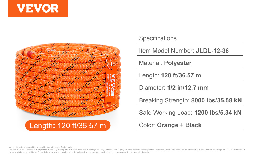 VEVOR climbing rope, 120 ft/36.57 m, polyester, orange with black pattern, 1/2 inch diameter.